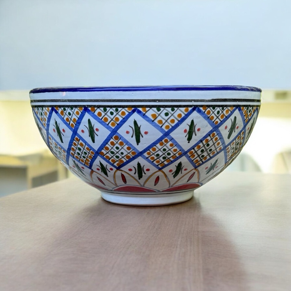 Le Souk Ceramique, 8” Round Bowl, Made in Tunisia, White, Blue, Green, Red